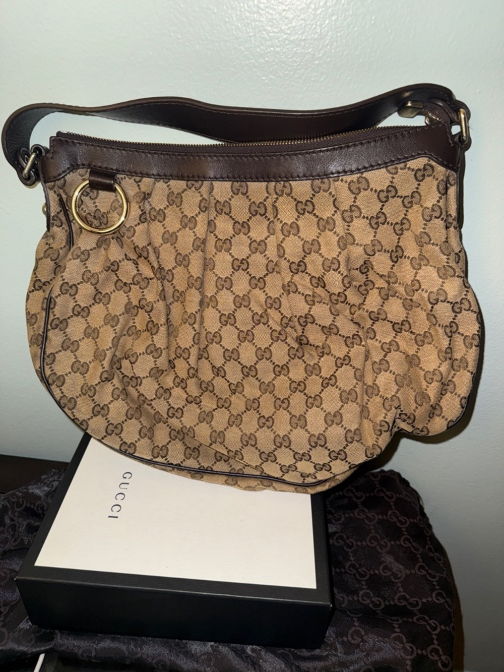 Gucci Tan and Dark Brown GG Canvas Shoulder Bag with Gold Ring